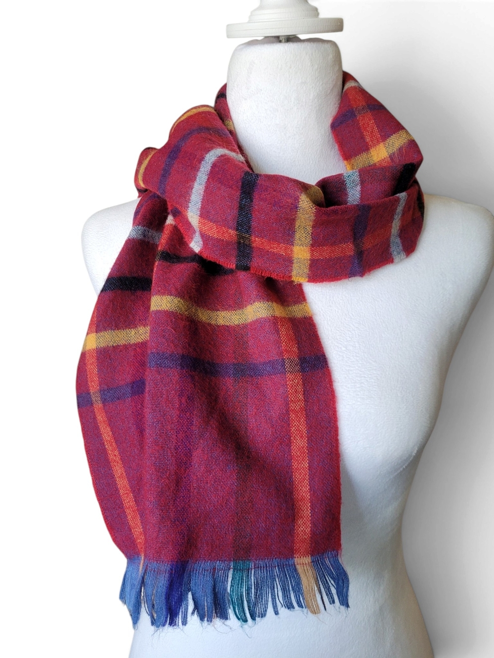 Vintage French Plaid Scarf with Fringe Burgundy And Multicolor Courtelle